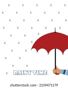  Regenzeit. Menschliche Hand, die einen Regenschirm hält. Vektorgrafik. Karte, Poster, Druck.