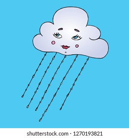 Rainy (very small drops) cloud with cute face, hand drawn doodle, sketch isolated on bright blue vector color illustration