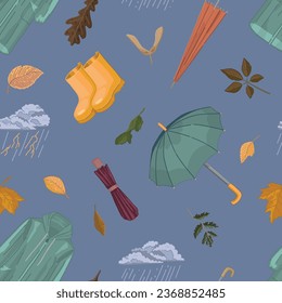 Rainy weather attributes vector seamless pattern. Ornament of raincoat, rubber boots, umbrellas, thunder clouds, fallen leaves. Cartoon style design.