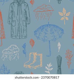 Rainy weather attributes vector seamless pattern. Ornament of raincoat, rubber boots, umbrellas, thunder clouds, fallen leaves. Hand drawn retro style design.