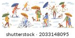 Rainy weather in autumn season, people under rain with umbrellas and raincoats. Man woman walking dog, person riding on bicycle, stroll, young parents, seniors. Cartoon character in flat style vector