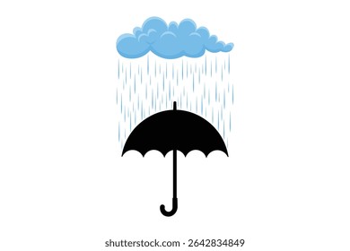 Rainy weather cartoon vector with umbrella and falling drops, soft flat style illustration for children’s content, nursery art, and creative design elements

