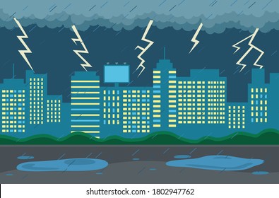 Rainy weather in city at night. Dark clouds looming over the town, goes rain, strong lightning and thunder. Cityscape with large city buildings with luminous windows, puddles on the road in evening