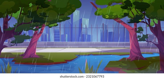 Rainy weather city park with pond and path near fence nature background scene. Public garden in town forest with river, skyscraper view and walkway to downtown. Green spring season cartoon environment