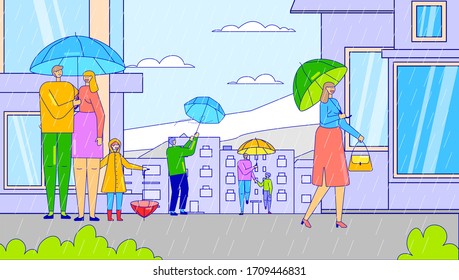 Rainy weather in city, people cartoon characters with umbrella, vector illustration. Happy men and women on town streets, walking in rain. Precipitation forecast in metropolis, cheerful family outdoor