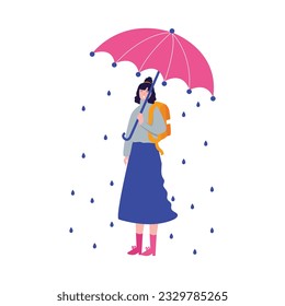rainy weather climate with umbrella waterproof protection rainfall droplet and beautiful girl smile expression wearing a backpack