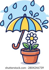 Rainy weather concept with flower in pot and umbrella protection colorful illustration blooming climatology environment moisture gardening agriculture botanical