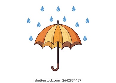 Rainy weather concept with umbrella and falling water drops, flat vector design, cartoon style rain protection illustration for kids, seamless backgrounds, and digital media

