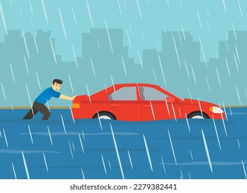 Rainy weather conditions. A frightened male driver pushing car on flooded road. Flat vector illustration template.