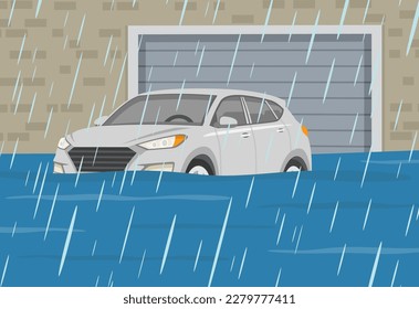 Condiciones meteorológicas lluviosas. Vista frontal de un garaje inundado y una camioneta. Plantilla de ilustración vectorial plana.