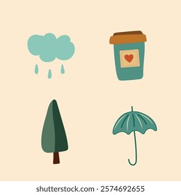 Rainy weather cozy set. Umbrella and cloud with raindrops. Flat vector illustration