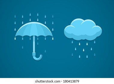 Iconos llanos de lluvia con caídas de lluvia en la nube y paraguas. Ilustración vectorial Eps10