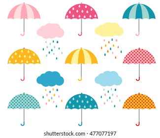 Rainy weather flat umbrellas set and cute clouds with colorful raindrops.