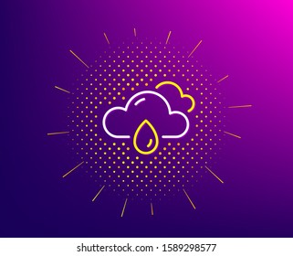 Rainy weather forecast line icon. Halftone pattern. Clouds with rain sign. Cloudy sky symbol. Gradient background. Rainy weather line icon. Yellow halftone pattern. Vector