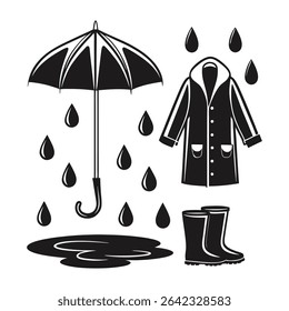 Rainy weather gear black and white umbrella raincoat rain boots icon set