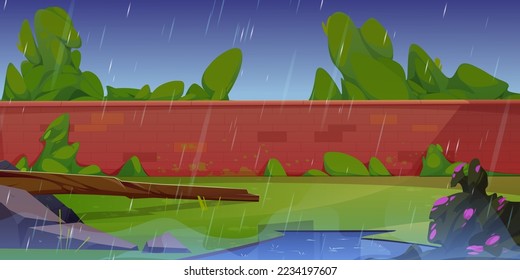 Rainy weather in green park or backyard with red brick wall, water puddles, stones, broken tree and blooming bushes under gloomy grey sky. Cartoon vector illustration of public garden with stone wall