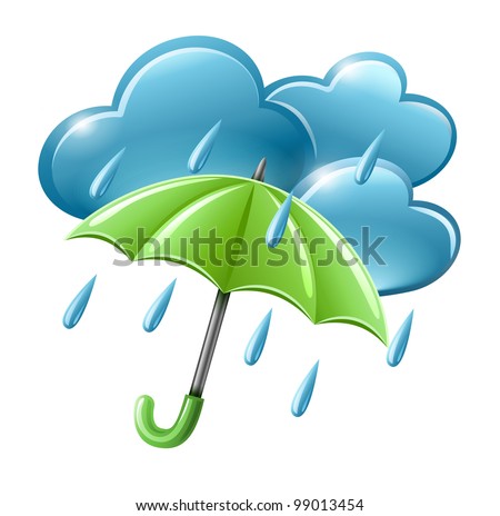 rainy weather icon with clouds and umbrella vector illustration isolated on white background EPS10. Transparent objects used for shadows and lights drawing.