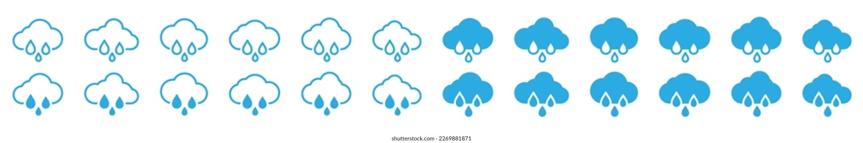 Rainy weather icon set. Heavy rain weather icons collection. Rainfall icon symbol. Raindrops and clouds symbol in line and flat style for apps and websites, vector illustration