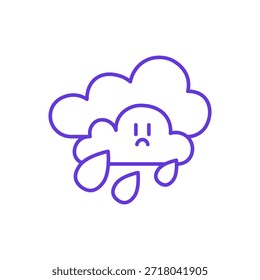 Regenwettersymbol. Dünne Linie Illustration der traurigen Wolke mit fallenden Regentropfen, Piktogramm des Regentages, Wettervorhersage, Sturm und Niederschlag, Symbol des düsteren Wetterzustands.