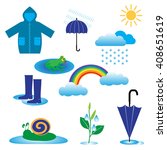 rainy weather icons with clouds and umbrella, vector illustration isolated on white 
