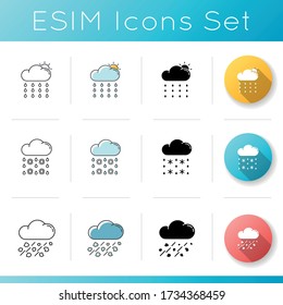 Rainy weather icons set. Linear, black and RGB color styles. Meteorology. atmospheric precipitation forecasting. Summer drizzle, winter sleet and mixed rain. Isolated vector illustrations