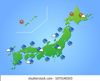 Rainy Weather Japan Map Background Vector Illustration.