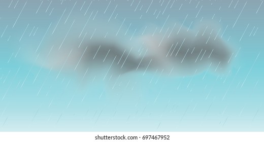 Rainy weather landscape. Rainy sky with clouds. Rain transparent effect, template background. Falling water drops texture. Nature rainfall on sky. Rain drops Monsoon season Vector illustration