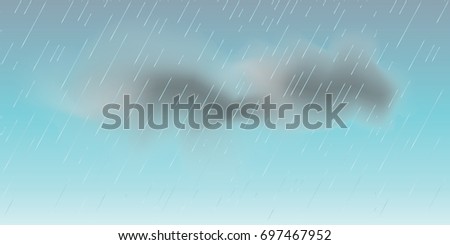Rainy weather landscape. Rainy sky with clouds. Rain transparent effect, template background. Falling water drops texture. Nature rainfall on sky. Rain drops Monsoon season Vector illustration