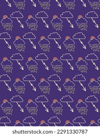 Rainy weather with lightning seamless vector pattern