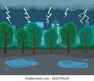 Rainy Weather, Lightning, Thunder, Storm. City Park, Ominous Atmosphere, Evening. Thunderstorm Clouds, Heavy Rain. Autumn Weather. Stay Home. Skyscrapers With Lighted Windows On The Background