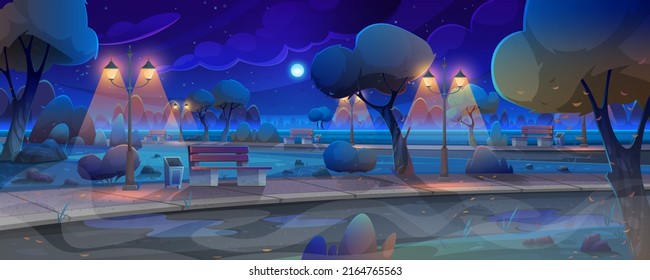 Rainy weather, lightning, thunder and storm at night. Thunderstorm and heavy rain, autumn weather. Night view of city park vector illustration. Evening park or garden with trees and benches