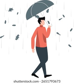 In rainy weather, a man strolls gracefully with an umbrella, sheltered from the downpour, as droplets cascade around him like a tranquil symphony of nature's embrace.