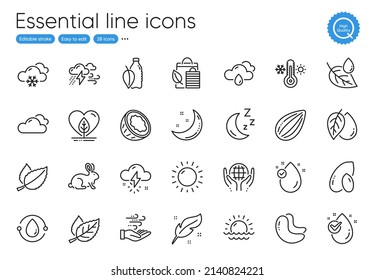 Rainy weather, Moon and Cloudy weather line icons. Collection of Wind energy, Sunset, Mint leaves icons. Leaf, Water drop, Animal tested web elements. Leaf dew, Coconut, Thermometer. Vector