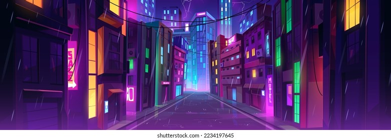 Rainy weather in night city street with neon lights. Vector cartoon illustration of rainfall in modern megalopolis with shops, apartment buildings. Windows of skyscrapers glowing in different colors