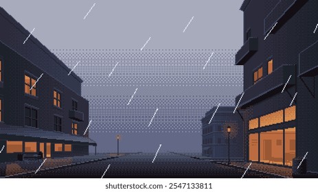 Tempo chuvoso no fundo de arte de pixel de rua suburbana. Ilustração de paisagem de bairro vetorial com chuva e exterior do edifício. Estilo retrô de videogame de 16 bits.