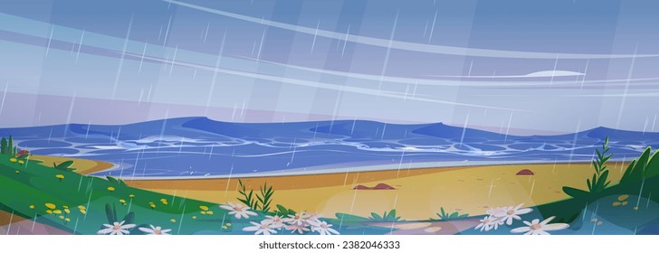 Rainy weather on summer beach. Vector cartoon illustration of wet sandy seashore with stones, green grass and flowers on hills, stormy waves on water, rainfall pouring from cloudy sky, gloomy scenery