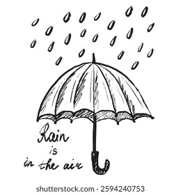 Rainy weather. Opened umbrella and rain drops falling. Weather design in brush stroke texture isolated on white background. Hand drawn vector sketch illustration in vintage charcoal ink