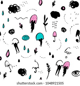 rainy weather. people with umbrella. cartoon pattern