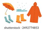 Rainy weather protection set. Umbrella and raincoat, rubber boots and pudddle with raindrops. Flat vector illustration isolated on white background