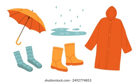 Rainy weather protection set. Umbrella and raincoat, rubber boots and pudddle with raindrops. Flat vector illustration isolated on white background