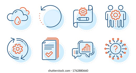 Clima lluvioso, datos de recuperación y signos gráficos de Graph. Trabajo en equipo de los empleados, diseño del volante de rueda y conjunto de iconos de línea de documento. CogWheel, símbolos de la marca de preguntas. Colaboración, Editar configuración. Vector