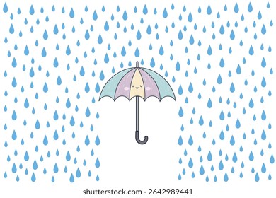 Cena de tempo chuvoso com guarda-chuva e gotas, ilustração plana de desenho animado vetorial na paleta de cores pastel para histórias infantis, decoração de parede do berçário e gráficos sazonais
