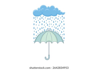 Rainy weather scene with umbrella and falling raindrops, flat vector illustration in cute pastel style, perfect for kids themes, digital prints, backgrounds, and seamless patterns

