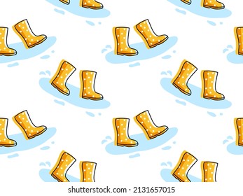 Rainy weather. Seamless pattern with Bright yellow boots walking in puddle. Yellow high rubber boots isolated on white. Polka dot yellow shoe. Vector illustration for wallpaper, textile, packaging