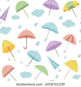 El clima lluvioso es un patrón sin fisuras. Las nubes de los paraguas y las aguas descienden de un fondo interminable. Tapa de otoño y primavera. Ilustración plana vectorial.