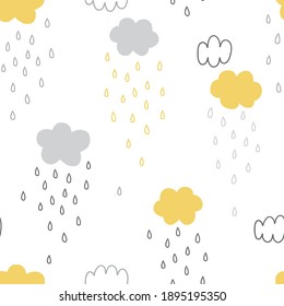 Rainy weather sky seamless vector pattern. Simple yellow and grey Raindrops Cloud Scandinavian baby nursery print design. 