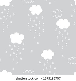 Rainy weather sky seamless vector pattern. Simple Raindrops Cloud neutral grey Scandinavian baby nursery print design. 