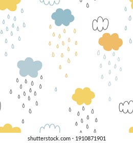 Rainy weather sky seamless vector pattern. Simple yellow and blue Raindrops Cloud Scandinavian baby nursery print design. 