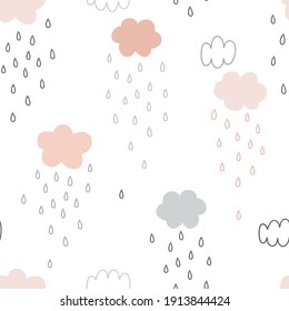 Rainy weather sky seamless vector pattern. Simple pink and grey Raindrops Cloud Scandinavian baby nursery print design. 