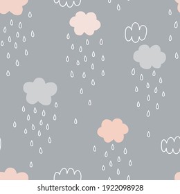 Rainy weather sky seamless vector pattern. Simple pink and grey Raindrops Cloud Scandinavian baby nursery print design. 